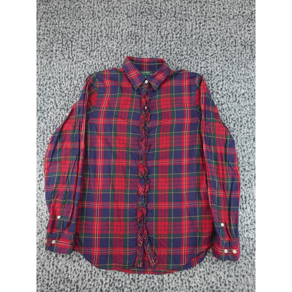 Lauren Ralph Lauren Plaid Shirt Womens Medium Red Ruffle Trim Button Down